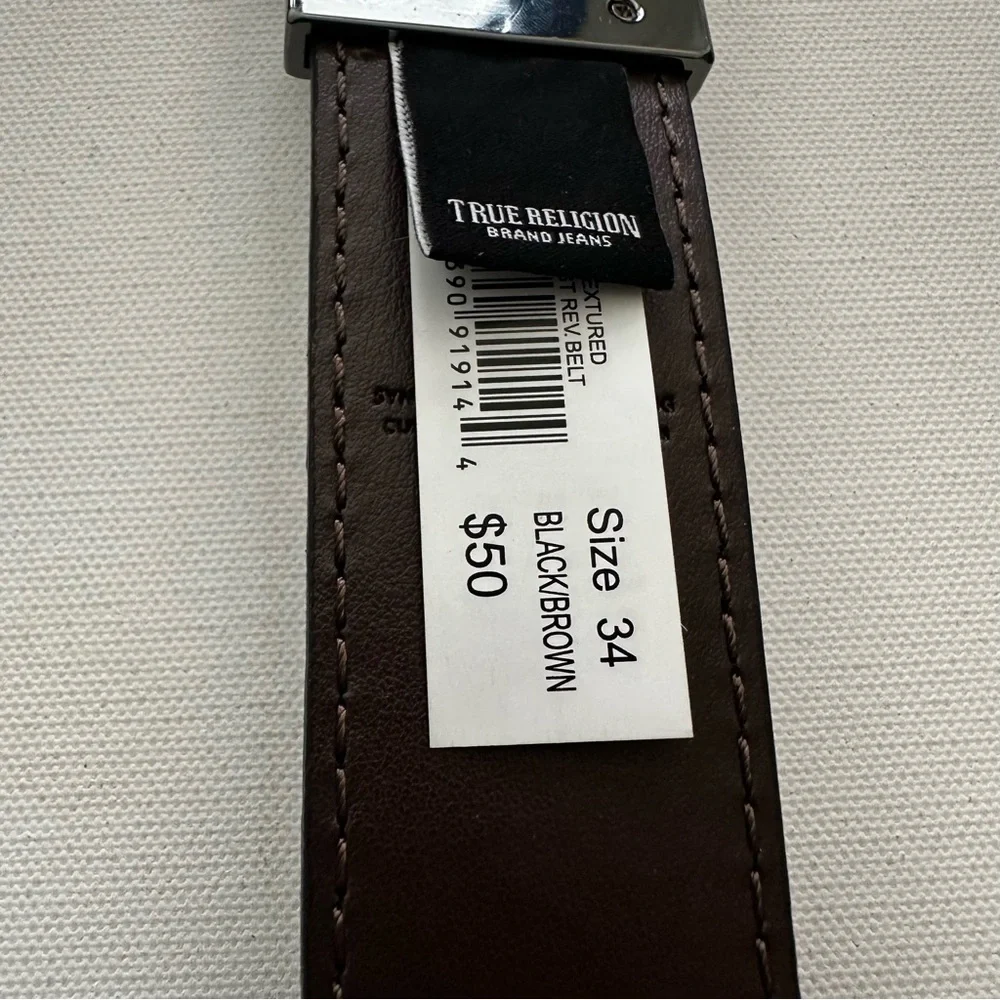 True Religion Black Men’s Reversible Belt with Polished Gunmetal Buckle Size 34